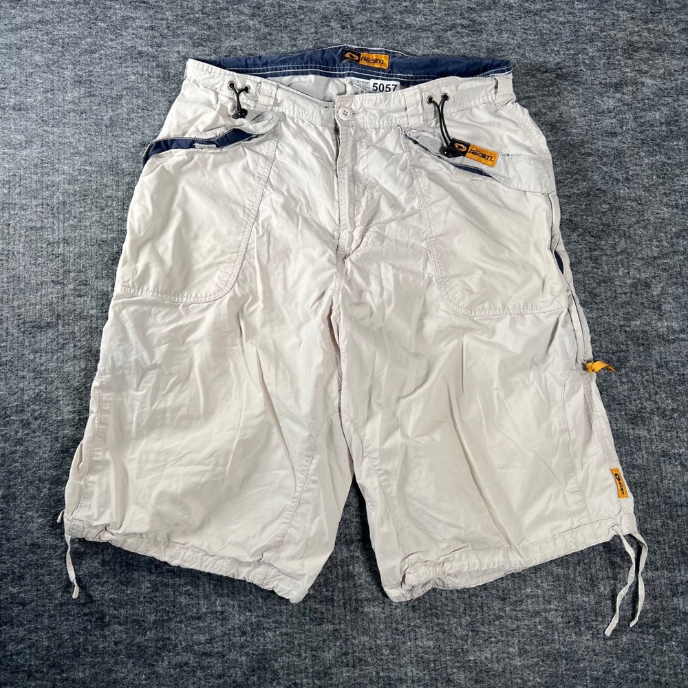The Realm Mens Cargo Board Shorts Beige Navy Y2K Skate Surf Size 36